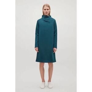 COS Minimalist Draped Neck Dress Long Sleeve Teal Green Small